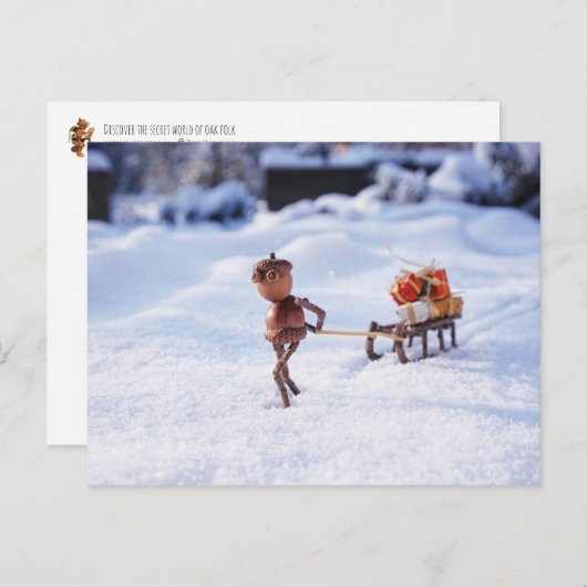 Acorn Elf mit Weihnachtsgeschenken auf Schlitten Postkarte (Vorne/Hinten)