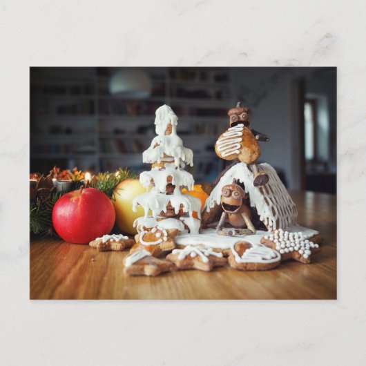 Acorn Elfen essen Weihnachtsgingerbrot Postkarte (Vorderseite)