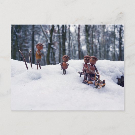 Acorn Elves reiten Schlittelbahn Winterpostkarte Postkarte (Vorderseite)
