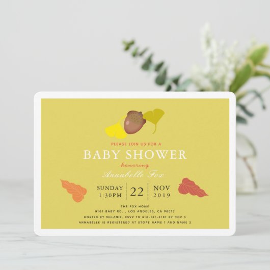 Acorn & Fall Ginkgo Blätter Kinderdusche Einladung (Stehend Vorderseite)