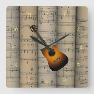 Acoustic Guitar ~ Rolled Sheet Music Background Quadratische Wanduhr
