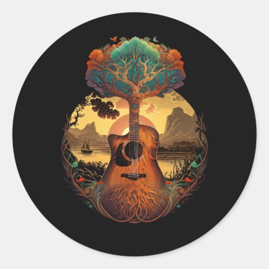 Acoustic Guitar Tree by Lake Guitarist Sunset Runder Aufkleber (Vorderseite)
