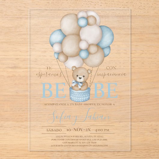 Acrilic Bear Balloons Boy Baby Dusche Acryleinladungen (Vorderseite)