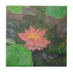 Acryl auf Leinwand, rosa Seerose und grüne Blätter Fliese