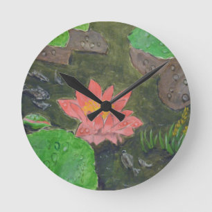Acryl auf Leinwand, rosa Seerose und grüne Blätter Runde Wanduhr