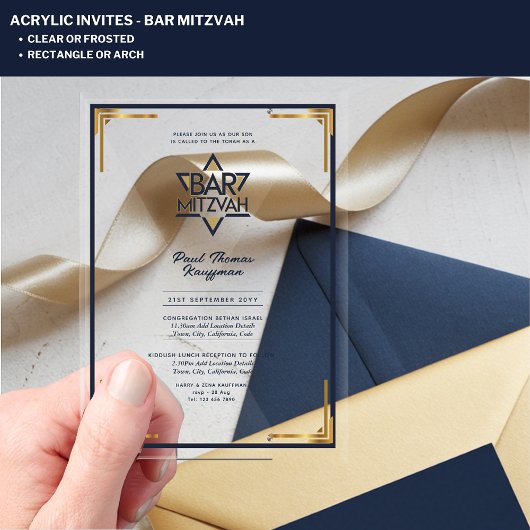 Acryl BAR MITZVAH Navy Gold Moderne Klasse Acryleinladungen