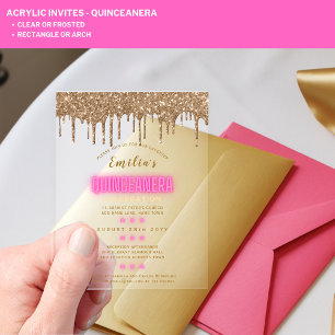 Acryl-Quinceanera-Hot-Pink-Gold-Glam-Diva-Quince Acryleinladungen