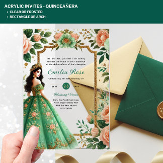 Acryl-Quinceañera-Kleid Smaragdgrün Gold Acryleinladungen