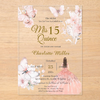 Acryl-Quinceanera mit floralen rosa Schmetterlinge Acryleinladungen