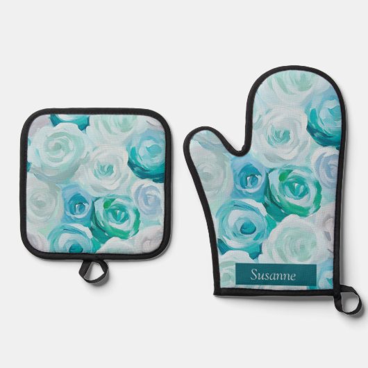 Acryl Rosen in Blau Türkis Farben  Ofenhandschuh & Topflappen-Set (Vorderseite)