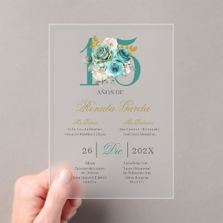 Acryl-Türkisfarbene Floral-Quinceañera-Einladung Acryleinladungen