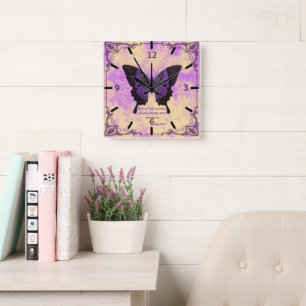Acryl-Wanduhr Lila/Schwarzer Schmetterling Spruch Quadratische Wanduhr