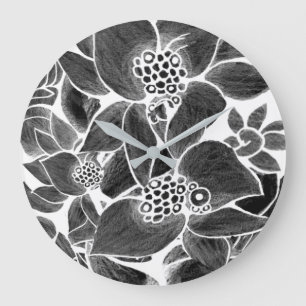 Acryl-Wanduhr Schwarz weiß floral Große Wanduhr