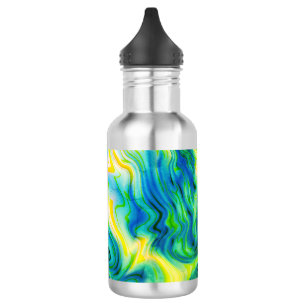 Acrylfarbe, blau, grün, gelb / edelstahlflasche