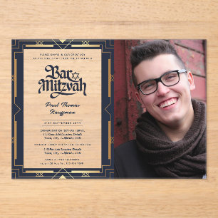 ACRYLIC BAR MITZVAH Foto Blue Gold Elegante Acryleinladungen