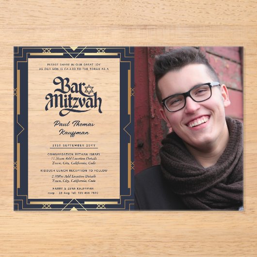ACRYLIC BAR MITZVAH Foto Blue Gold Elegante Acryleinladungen (Vorderseite)