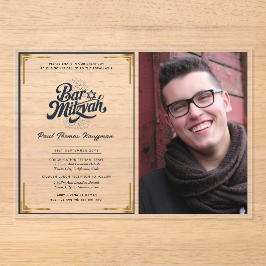 ACRYLIC BAR MITZVAH Foto Blue Gold Elegante Acryleinladungen (Vorderseite)
