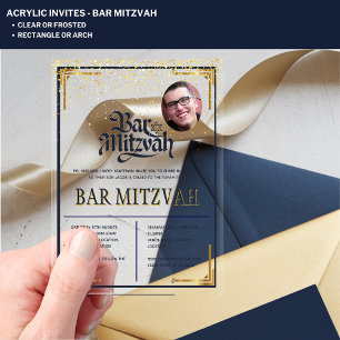 ACRYLIC BAR MITZVAH Foto Moderne Navy Gold Klasse Acryleinladungen