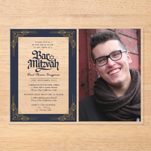 ACRYLIC BAR MITZVAH Foto Navy Gold Elegant Acryleinladungen (Vorderseite)