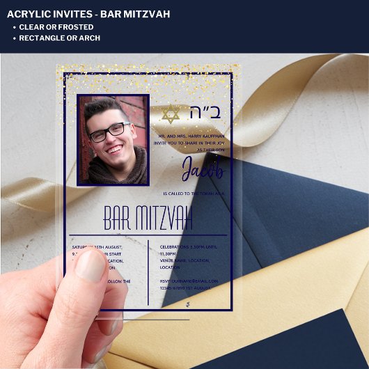ACRYLIC BAR MITZVAH Foto Navy Gold Moderne Elegant Acryleinladungen