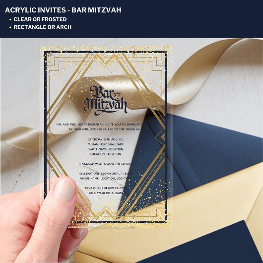 ACRYLIC BAR MITZVAH Moderne Navy Gold Klasse Acryleinladungen