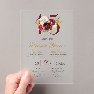 Acrylic Burgundy floral quinceañera invitation Acryleinladungen