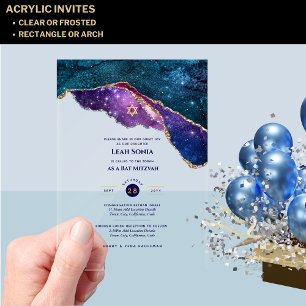 Acrylic Clear BAR MITZVAH Galaxy Starry Night Blue Acryleinladungen