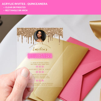 ACRYLIC FOTO Quinceanera Hot Pink Gold Quince Acryleinladungen