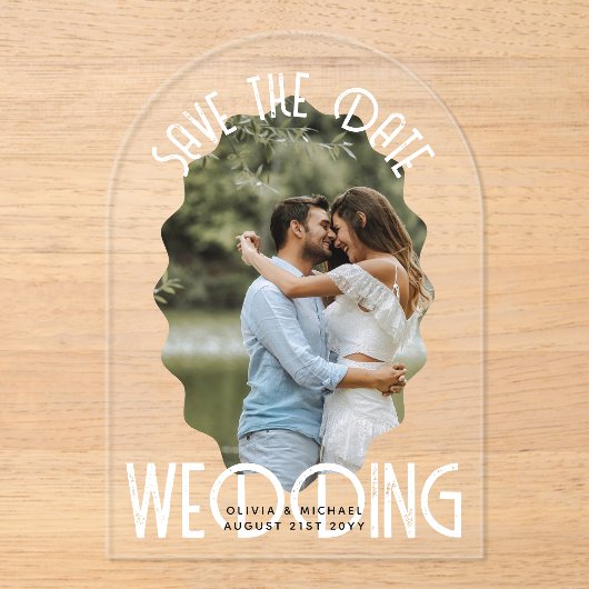 ACRYLIC-Foto Rett Datum Moderner, eleganter weißer Acryleinladungen (Vorderseite)