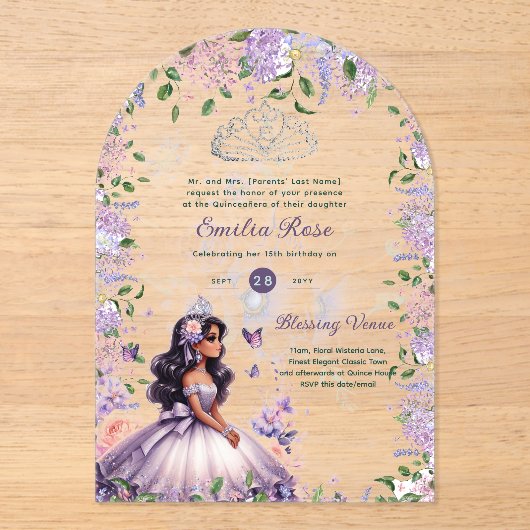 ACRYLIC Lila Silver Quinceñera Floral Wisteria Acryleinladungen (Vorderseite)