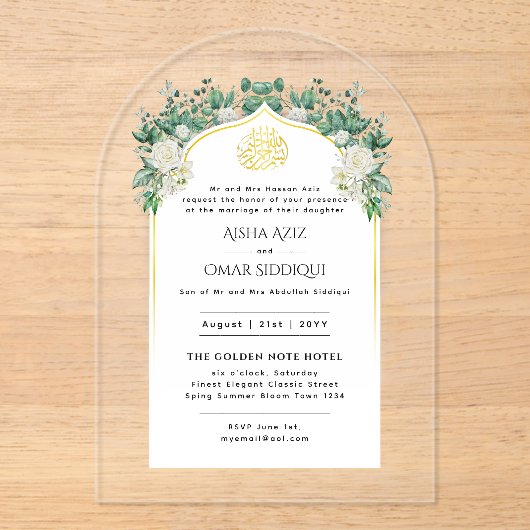 ACRYLIC NIKAH WALIMA White Roses Gold Elegante Acryleinladungen (Vorderseite)