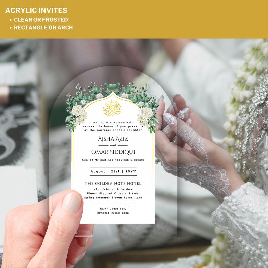 ACRYLIC NIKAH WALIMA White Roses Gold Elegante Acryleinladungen