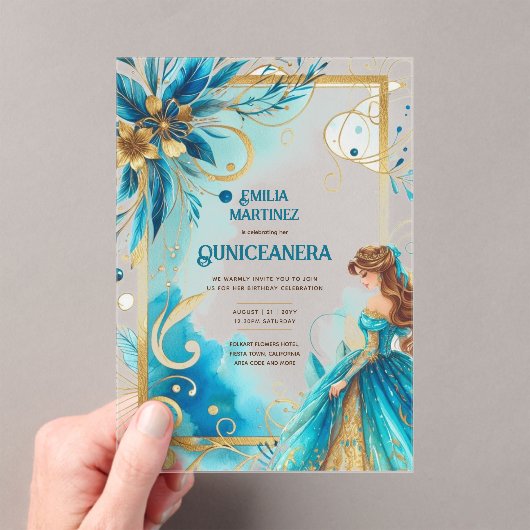 ACRYLIC Quinceanera Aquamarin Gold Floral Dress Qu Acryleinladungen (Insitu (Handheld))
