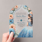 ACRYLIC Quinceañera Blue Silver Peach Dress Floral Acryleinladungen (Insitu (Handheld))