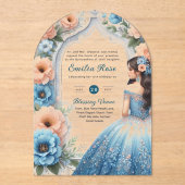ACRYLIC Quinceañera Blue Silver Peach Dress Floral Acryleinladungen (Vorderseite)