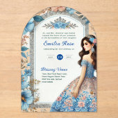 ACRYLIC Quinceañera Blue Silver Peach Dress Floral Acryleinladungen (Vorderseite)