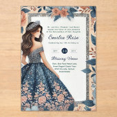 ACRYLIC Quinceañera Blue Silver Peach Dress Floral Acryleinladungen (Vorderseite)
