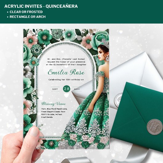 ACRYLIC Quinceañera Emerald GREEN Silver Dress Acryleinladungen