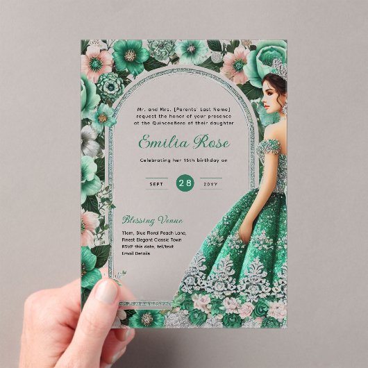 ACRYLIC Quinceañera Emerald GREEN Silver Dress Acryleinladungen (Insitu (Handheld))