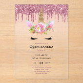 ACRYLIC Quinceanera Pink Unicorp Dripping Glitzer Acryleinladungen (Vorderseite)