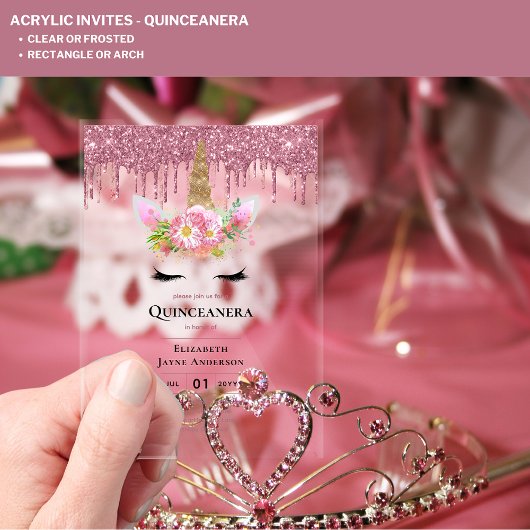 ACRYLIC Quinceanera Pink Unicorp Dripping Glitzer Acryleinladungen