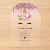 ACRYLIC Quinceanera Pink Unicorp Dripping Glitzer Acryleinladungen (Vorderseite)