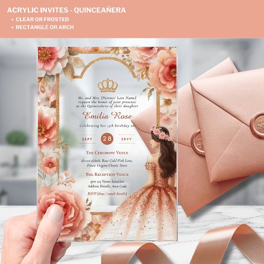 ACRYLIC Quinceanera Rose Gold Rosa Kleid Tiara Acryleinladungen