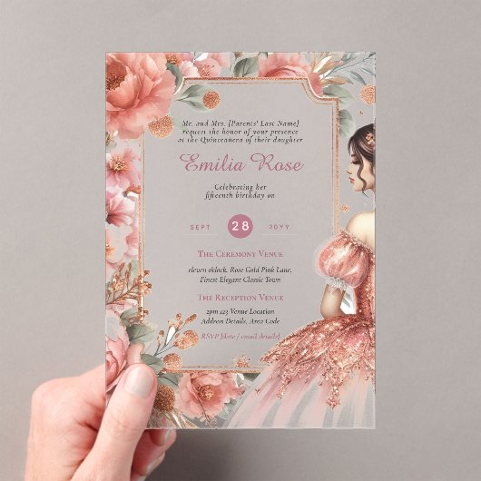 ACRYLIC Quinceanera Rose Gold Rosa Kleid Tiara Acryleinladungen (Insitu (Handheld))