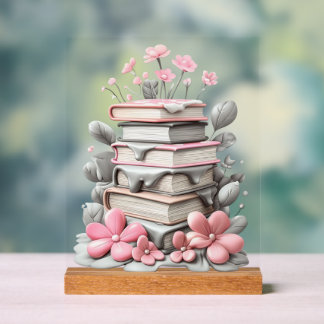 Acrylic Sign met blok - bloemen met boeken Acrylschild