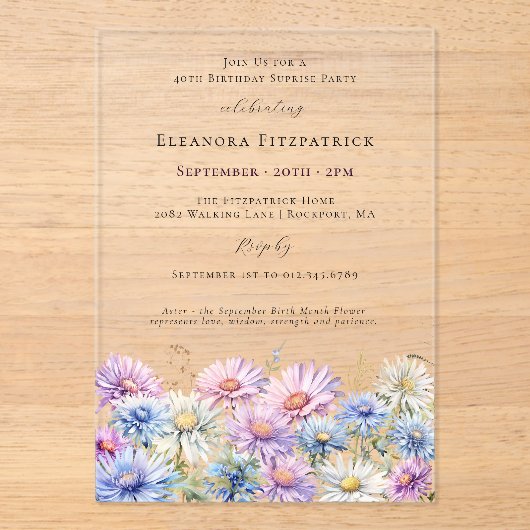 ACRYLIC SURPRISE PARTY 40 September Birth Flower Acryleinladungen (Vorderseite)