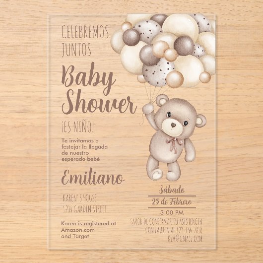 Acrylic Teddy Bear Baby Dusche Spanische Einladung (Vorderseite)