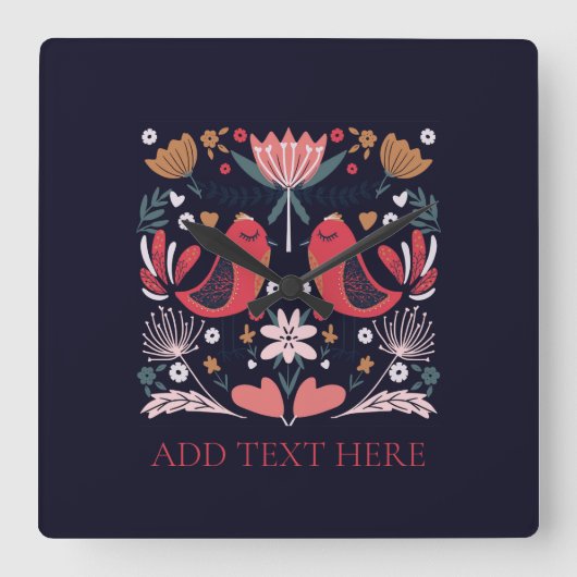 ACRYLIC WALL CLOCK : ROTE BOHO VÖGEL QUADRATISCHE WANDUHR (Vorderseite)