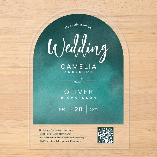 ACRYLIC WEDD Aquamariner Green QR Code UAWG-Websit Acryleinladungen (Vorderseite)