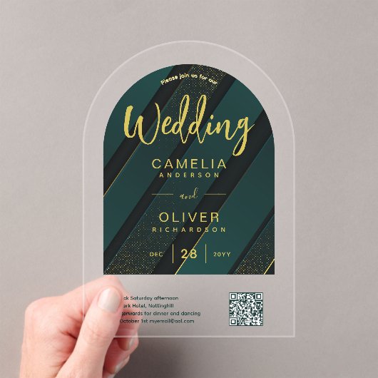 ACRYLIC WEDD Green Gold QR Code UAWG-Website Acryleinladungen (Insitu (Handheld))